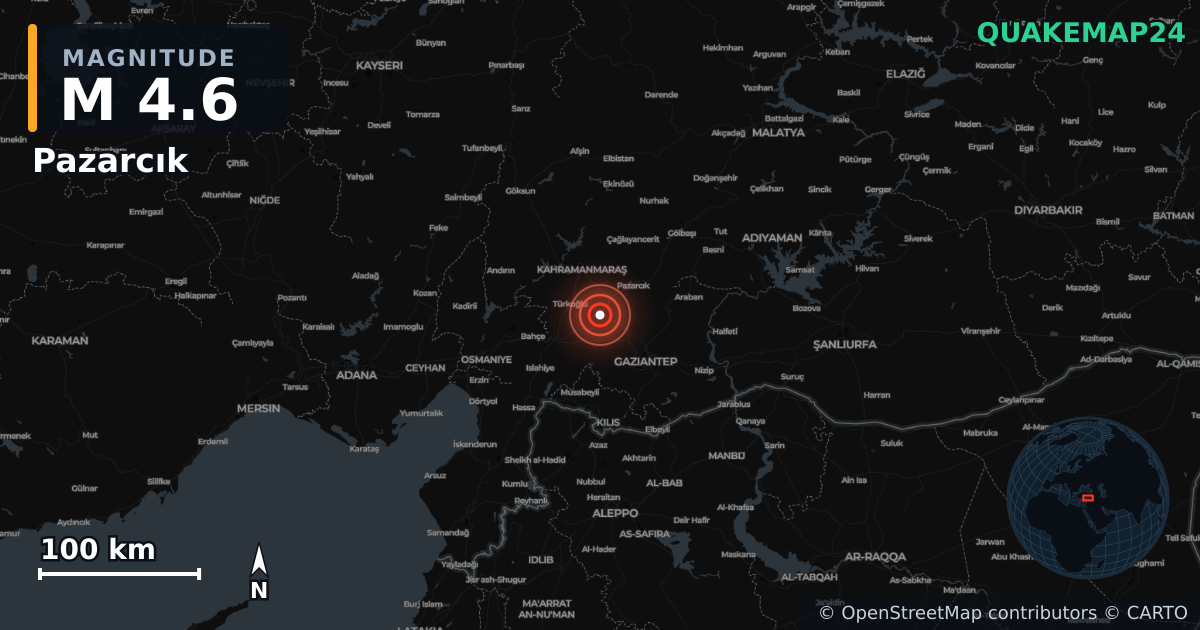 Erdbeben M4,6 bei Pazarcık, Kahramanmaraş (Türkei) · 2026-10-04 — Karte der Lage des Epizentrums