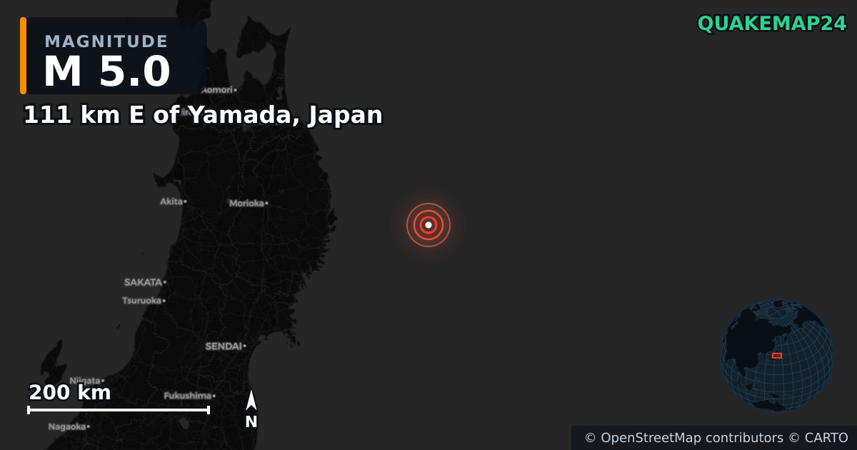 M5.0 earthquake near 111 km E of Yamada, Japan on Apr 20, 2026 — map of epicenter and shaking intensity | QuakeMap24