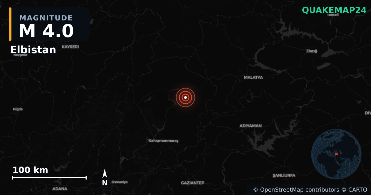 M4.0 earthquake near Elbistan on Aug 24, 2025 — map of epicenter and shaking intensity | QuakeMap24