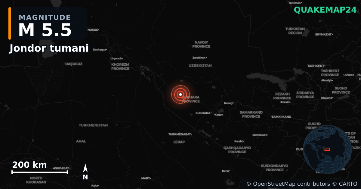 M5.5 earthquake near Jondor tumani on May 19, 2026 — map of epicenter and shaking intensity | QuakeMap24
