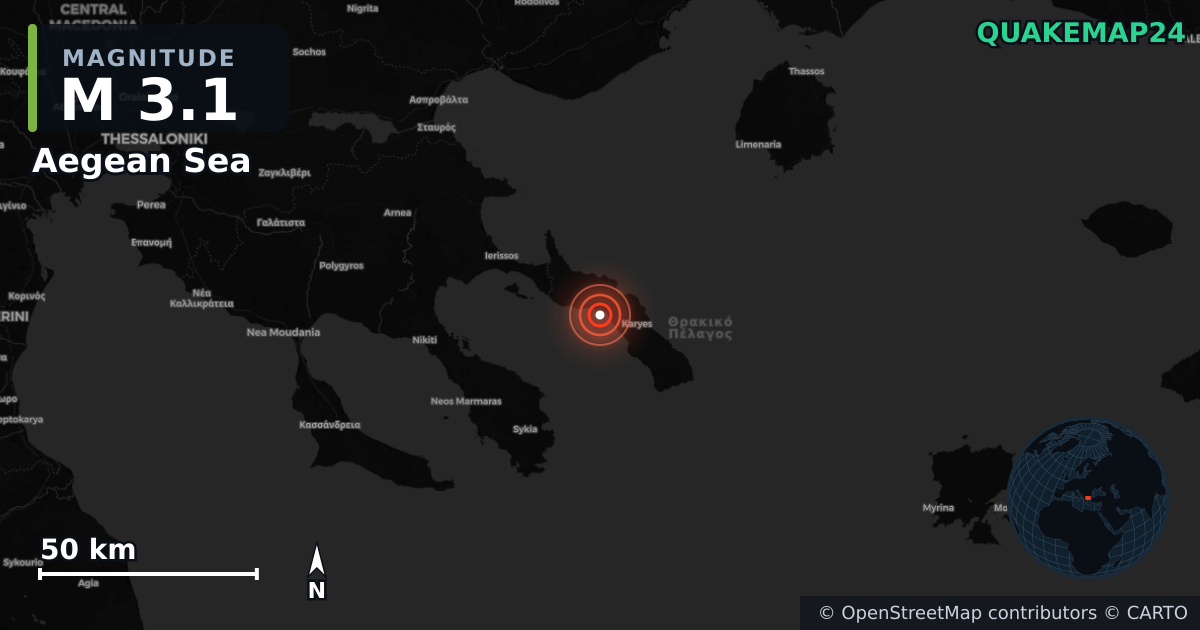 M3.1 earthquake near Aegean Sea on Nov 17, 2025 — map of epicenter and shaking intensity | QuakeMap24
