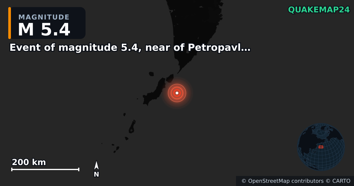M5.4 earthquake near Event of magnitude 5.4, near of Petropavlovsk Kamchatskiy (Monde) on Oct 11, 2025 — map of epicenter and shaking intensity | QuakeMap24