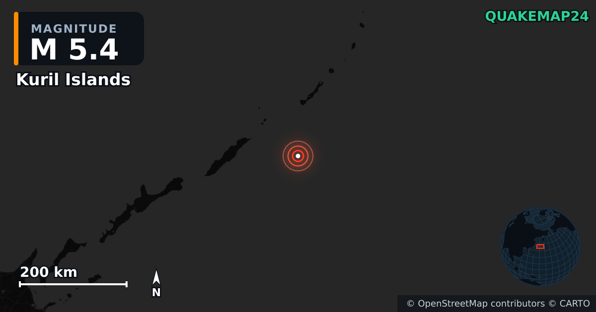 M5.4 earthquake near Kuril Islands on Apr 18, 2026 — map of epicenter and shaking intensity | QuakeMap24