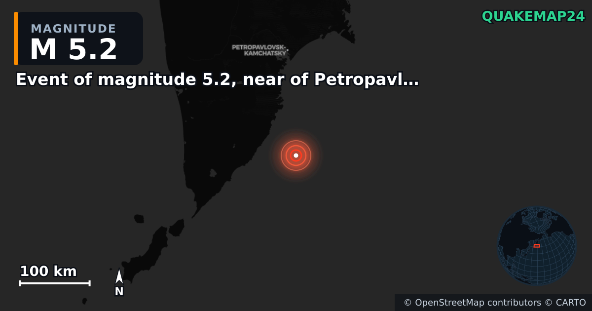 M5.2 earthquake near Event of magnitude 5.2, near of Petropavlovsk Kamchatskiy (Monde) on Sep 16, 2025 — map of epicenter and shaking intensity | QuakeMap24