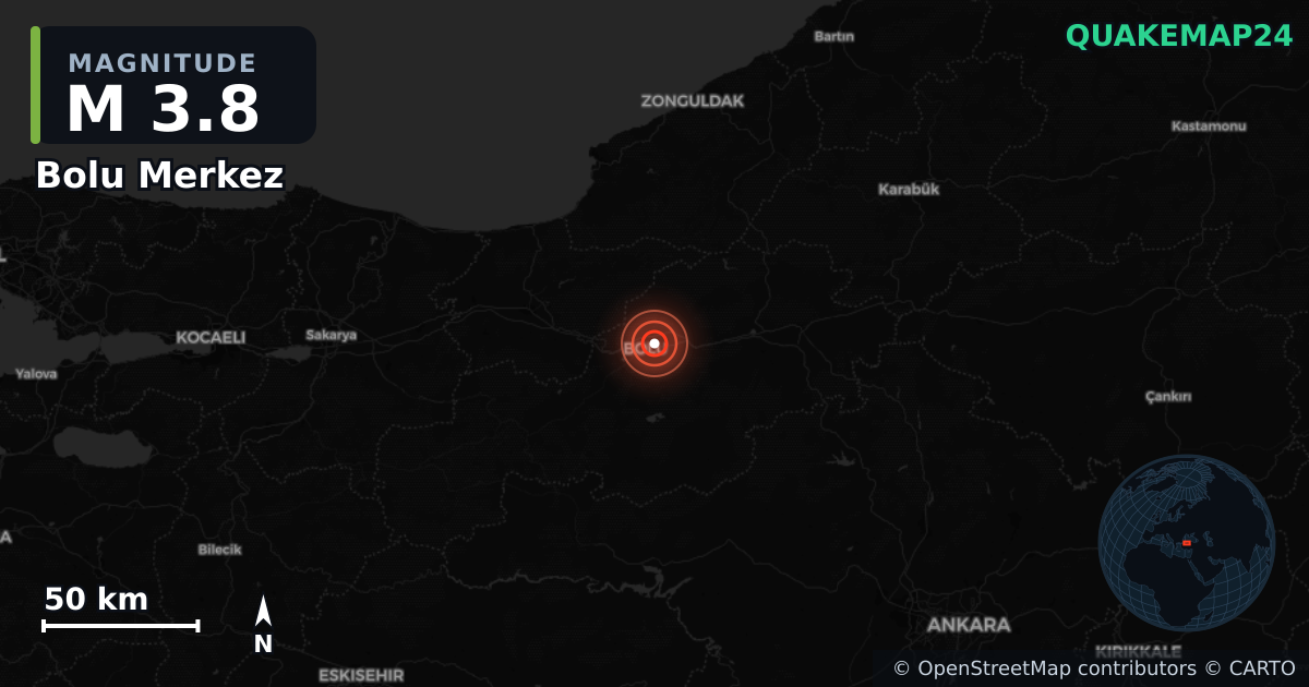 M3.8 earthquake near Bolu Merkez on May 27, 2025 — map of epicenter and shaking intensity | QuakeMap24