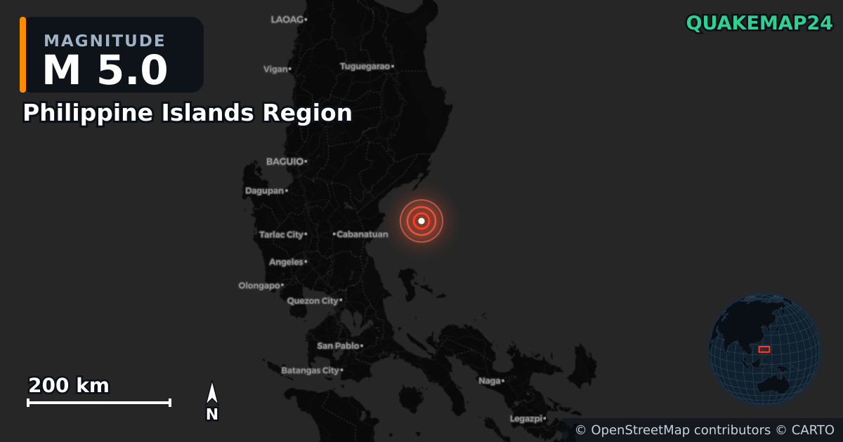 M5.0 earthquake near Philippine Islands Region on Nov 20, 2025 — map of epicenter and shaking intensity | QuakeMap24