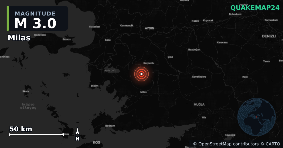 M3.0 earthquake near Milas on Sep 8, 2025 — map of epicenter and shaking intensity | QuakeMap24