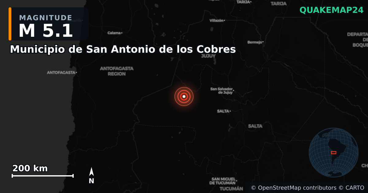 M5.1 earthquake near Municipio de San Antonio de los Cobres on Jun 15, 2025 — map of epicenter and shaking intensity | QuakeMap24