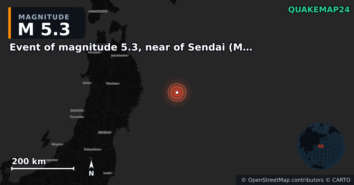 M5.3 earthquake near Event of magnitude 5.3, near of Sendai (Monde) on Nov 8, 2025 — map of epicenter and shaking intensity | QuakeMap24