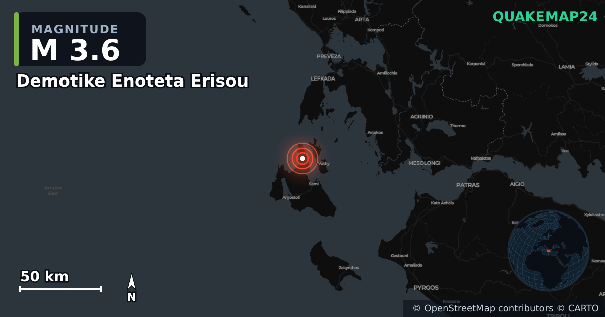 Σεισμός M3,6 κοντά στο Δημοτική Ενότητα Ερίσου, Περιφέρεια Ιονίων Νήσων (Ελλάδα) · 2026-04-21 — Χάρτης της θέσης του επικέντρου