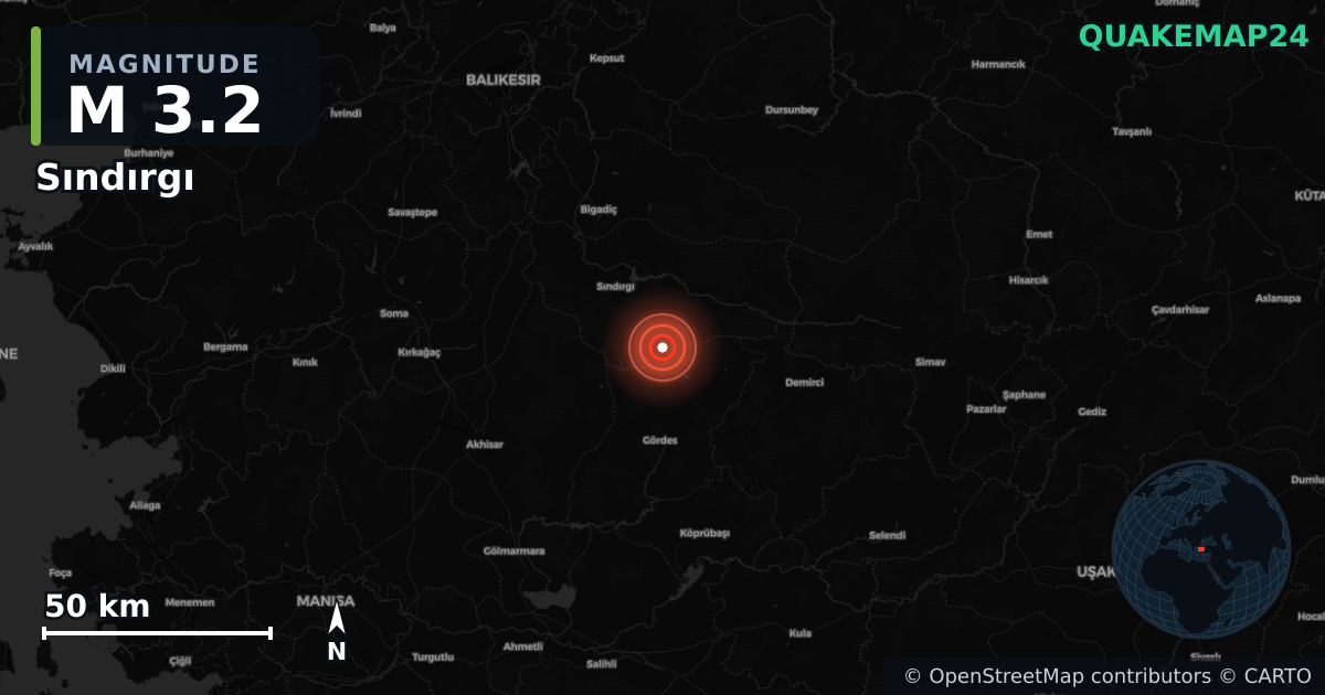 M3.2 earthquake near Sındırgı on Oct 28, 2025 — map of epicenter and shaking intensity | QuakeMap24