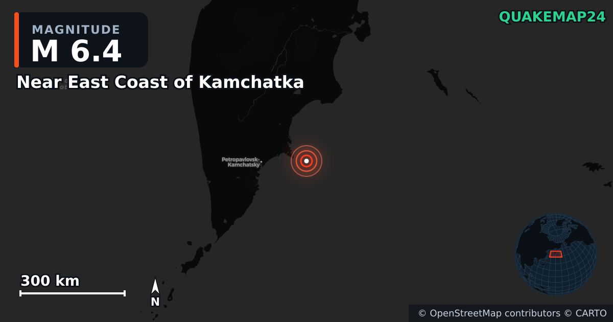 M6.4 earthquake near Near East Coast of Kamchatka on Sep 13, 2025 — map of epicenter and shaking intensity | QuakeMap24