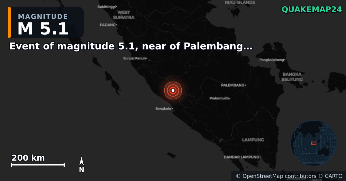 Erdbeben M5,1 bei Event of magnitude 5.1, near of Palembang (Monde) — Karte der Lage des Epizentrums