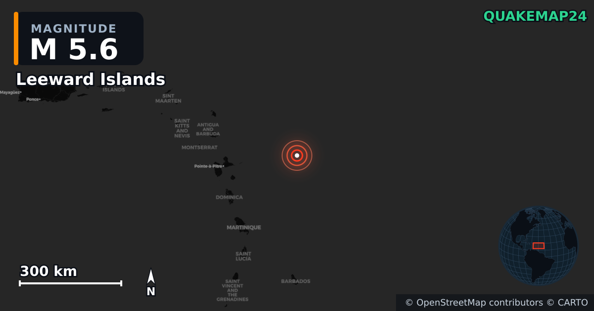 M5.6 Earthquake near Leeward Islands · 2025-10-27 — Map showing the location of the epicenter
