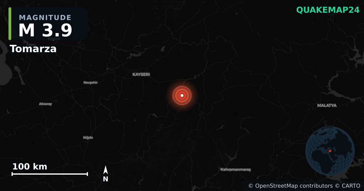 M3.9 earthquake near Tomarza on Aug 26, 2025 — map of epicenter and shaking intensity | QuakeMap24