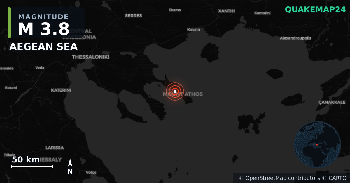 M3.8 earthquake near AEGEAN SEA on Aug 4, 2025 — map of epicenter and shaking intensity | QuakeMap24
