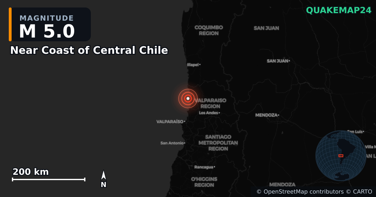 M5.0 earthquake near Near Coast of Central Chile on Aug 23, 2025 — map of epicenter and shaking intensity | QuakeMap24