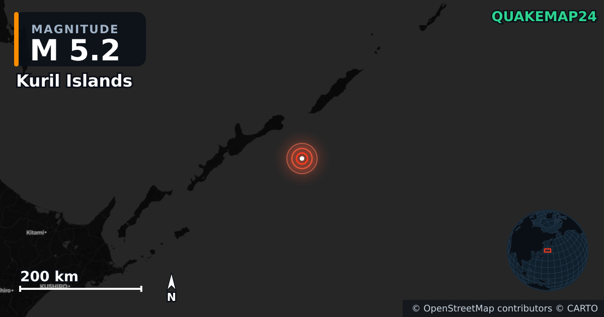 Σεισμός M5,2 κοντά στο Kuril Islands — Χάρτης της θέσης του επικέντρου