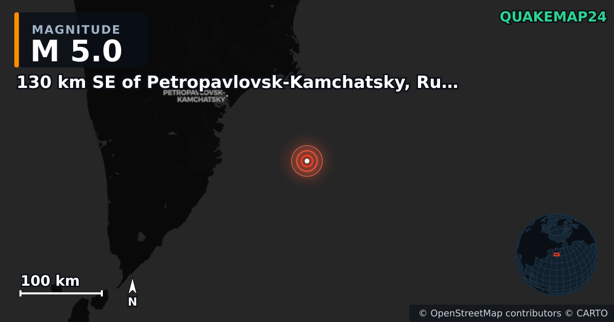 M5.0 earthquake near 130 km SE of Petropavlovsk-Kamchatsky, Russia on Nov 3, 2025 — map of epicenter and shaking intensity | QuakeMap24