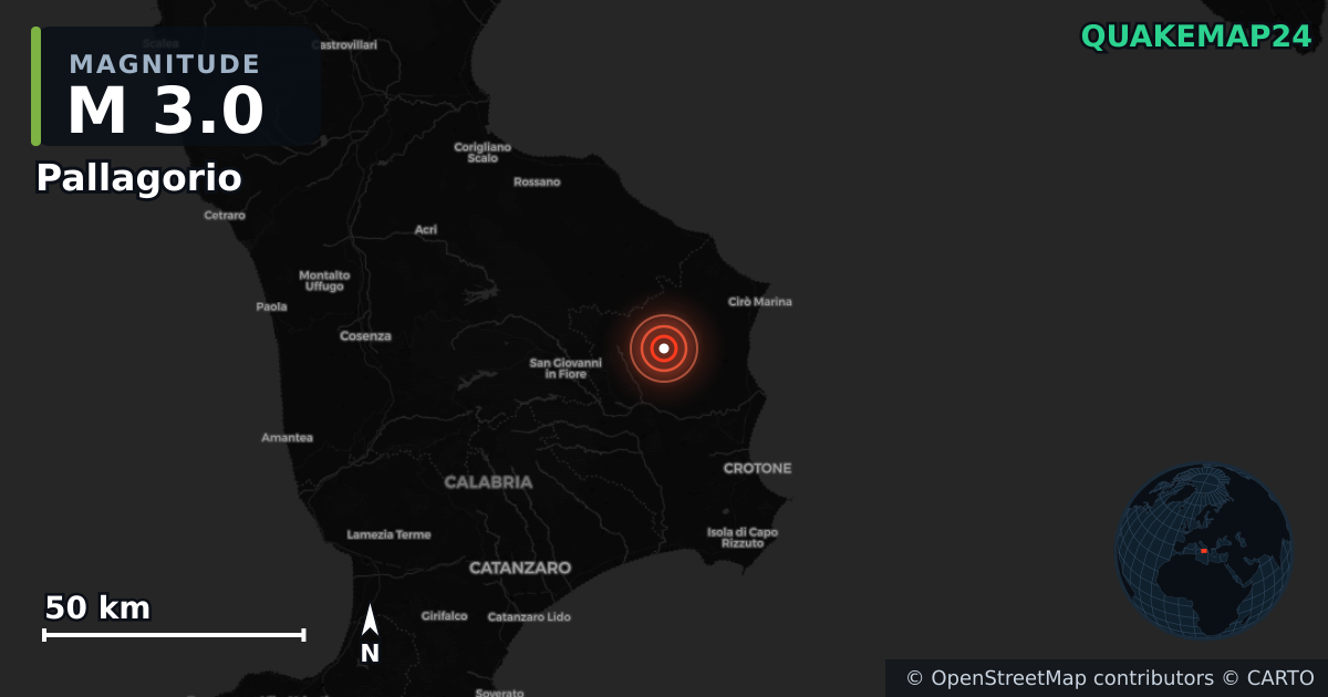 M3.0 earthquake near Pallagorio on Jan 5, 2026 — map of epicenter and shaking intensity | QuakeMap24