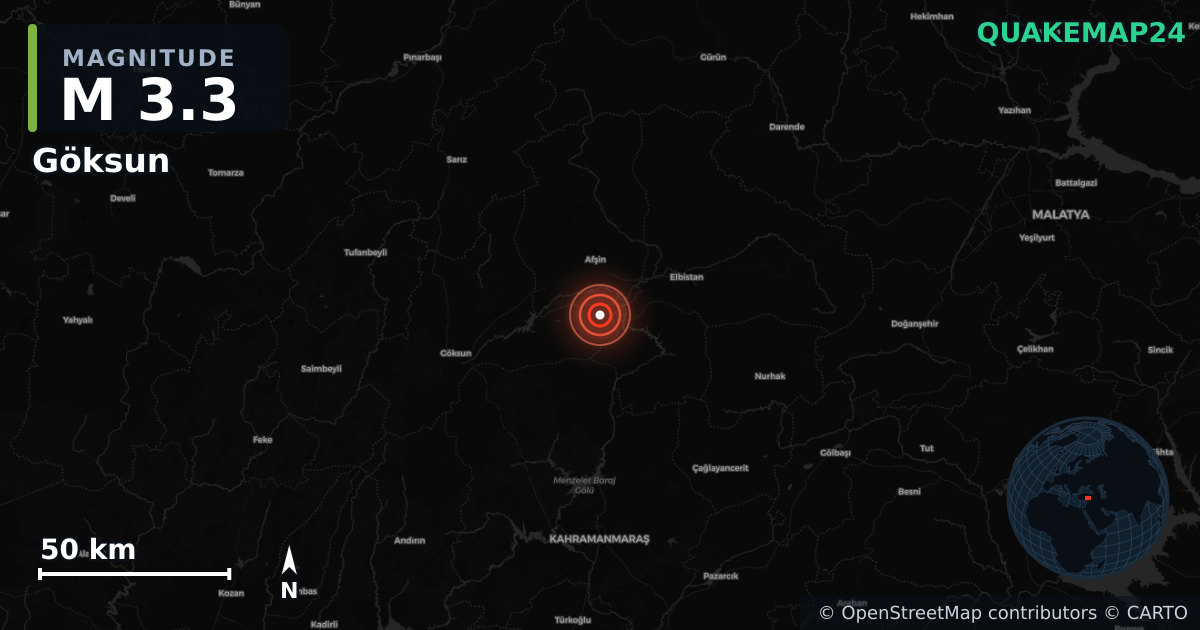 M3.3 earthquake near Göksun on Jul 7, 2026 — map of epicenter and shaking intensity | QuakeMap24