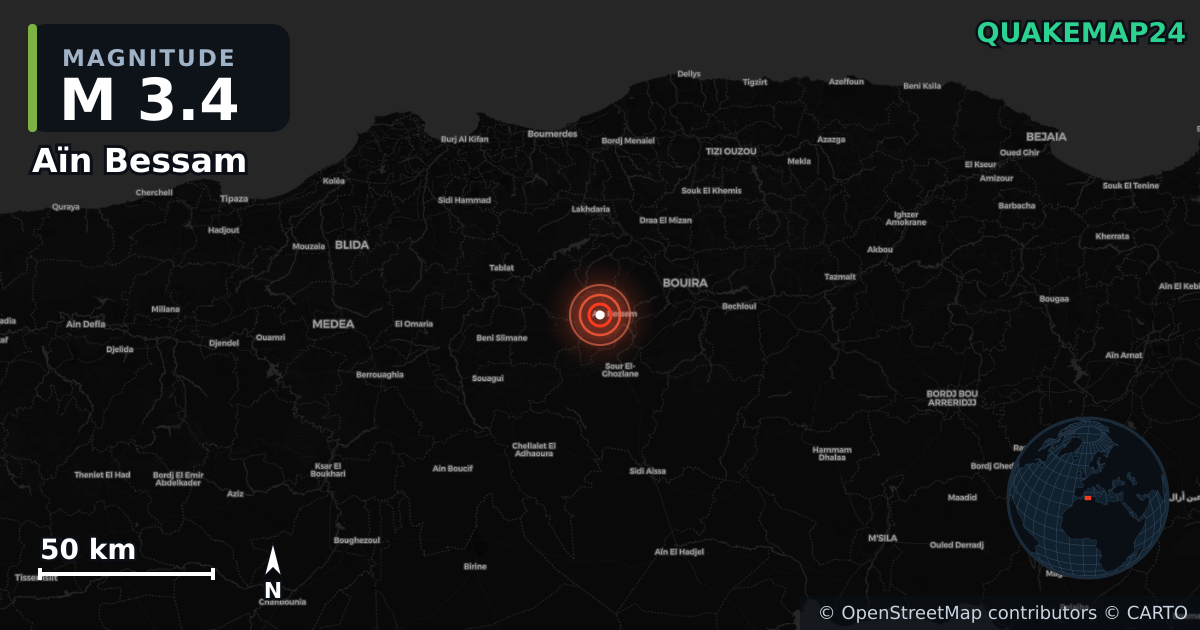 M3.4 earthquake near Aïn Bessam on Apr 22, 2026 — map of epicenter and shaking intensity | QuakeMap24