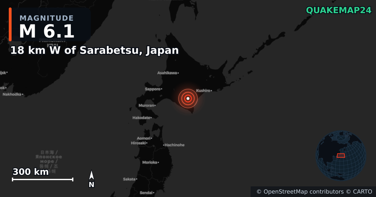 M6.1 earthquake near 18 km W of Sarabetsu, Japan on Apr 26, 2026 — map of epicenter and shaking intensity | QuakeMap24