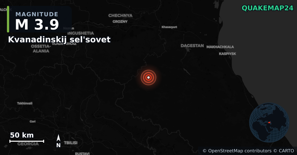 Erdbeben M3,9 bei Kvanadinskij sel'sovet, Dagestan (Russland) · 2026-09-16 — Karte der Lage des Epizentrums