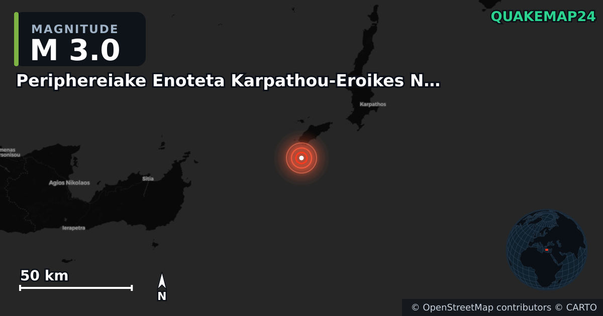 M3.0 earthquake near Periphereiake Enoteta Karpathou-Eroikes Nesou Kasou on Jan 22, 2026 — map of epicenter and shaking intensity | QuakeMap24
