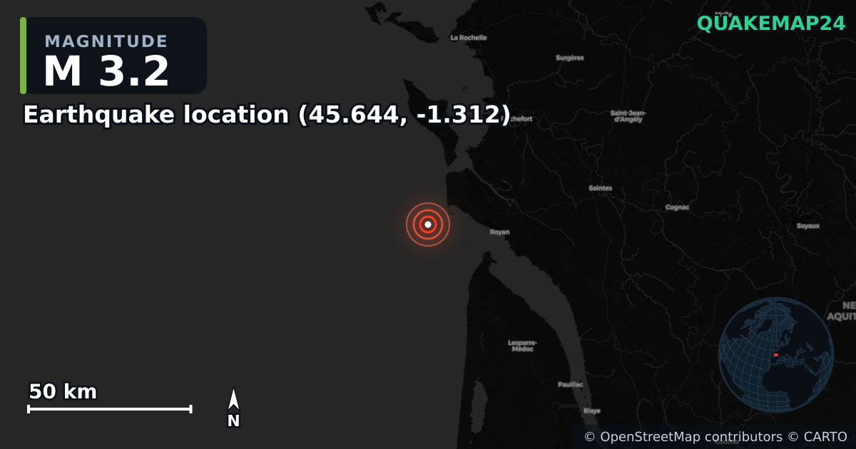 M3.2 earthquake near Local do sismo (45.644, -1.312) on May 22, 2025 — map of epicenter and shaking intensity | QuakeMap24