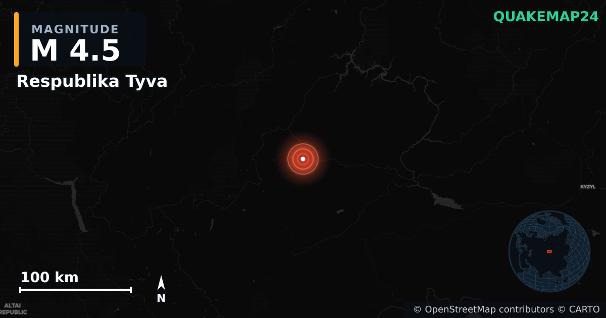 M4.5 earthquake near Respublika Tyva on Jun 12, 2025 — map of epicenter and shaking intensity | QuakeMap24