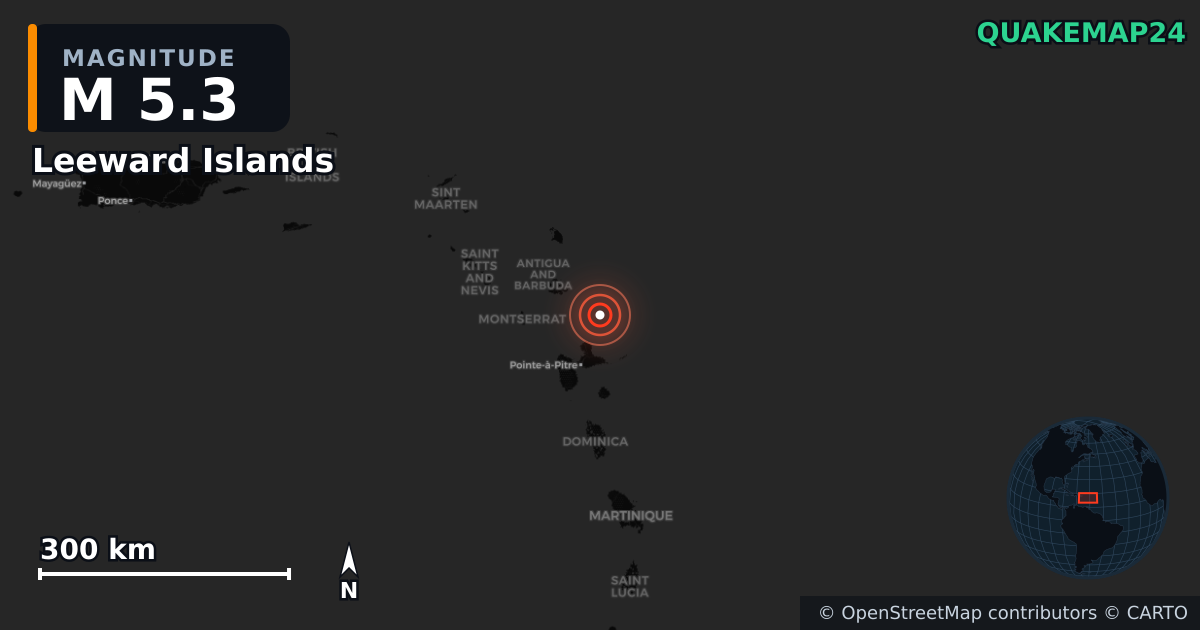M5.3 earthquake near Leeward Islands on Sep 15, 2025 — map of epicenter and shaking intensity | QuakeMap24