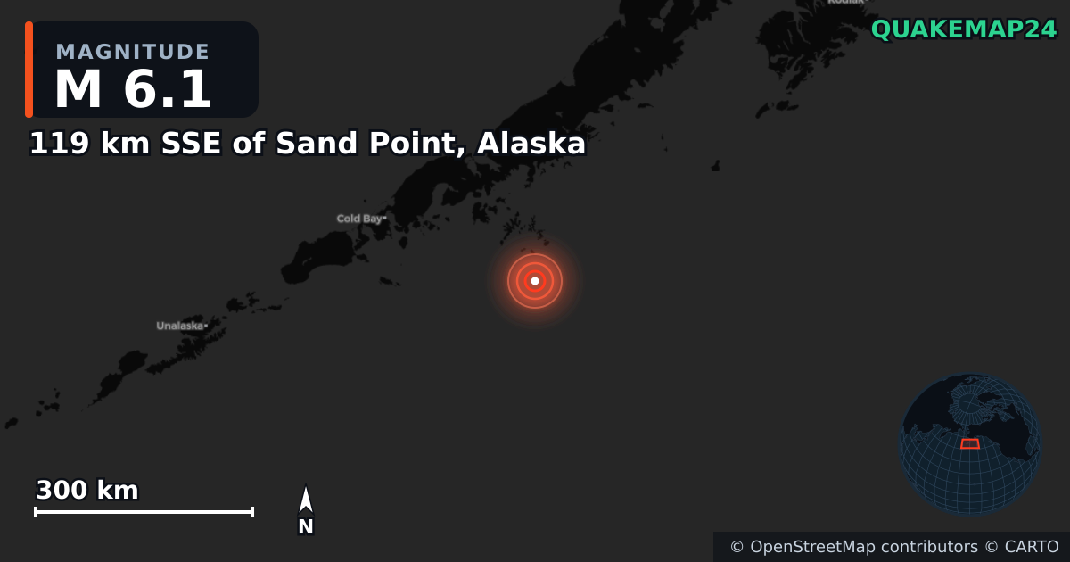 M6.1 earthquake near 119 km SSE of Sand Point, Alaska on Jul 20, 2025 — map of epicenter and shaking intensity | QuakeMap24