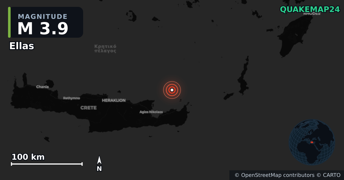 M3.9 earthquake near Ellas on Feb 6, 2026 — map of epicenter and shaking intensity | QuakeMap24