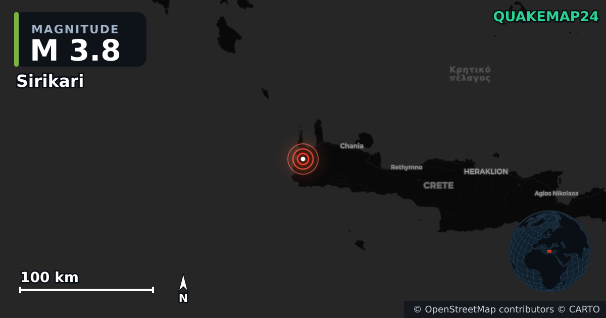 M3.8 earthquake near Sirikari on Jul 7, 2026 — map of epicenter and shaking intensity | QuakeMap24