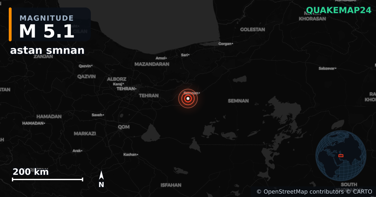 M5.1 earthquake near astan smnan on Jun 20, 2025 — map of epicenter and shaking intensity | QuakeMap24