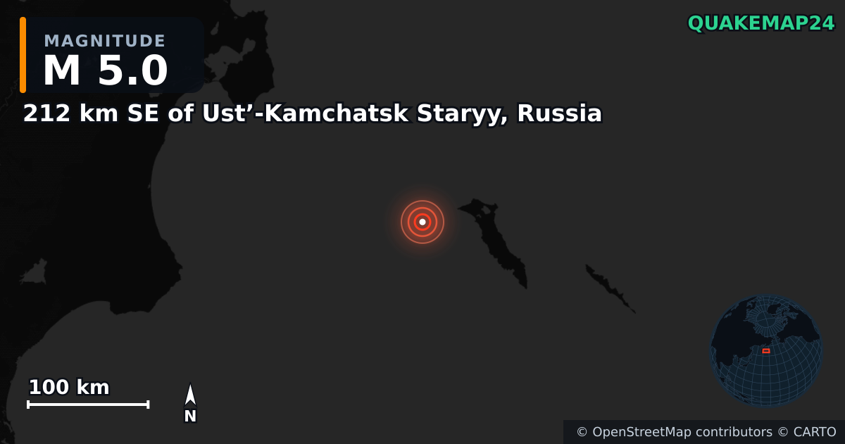 Sismo de M5,0 perto de 212 km SE of Ust’-Kamchatsk Staryy, Russia — Mapa da localização do epicentro