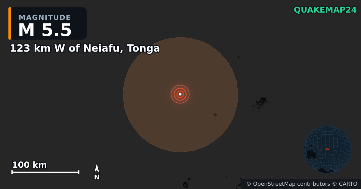 Sismo de M5,5 perto de 123 km W of Neiafu, Tonga · 2026-10-12 — Mapa da localização do epicentro
