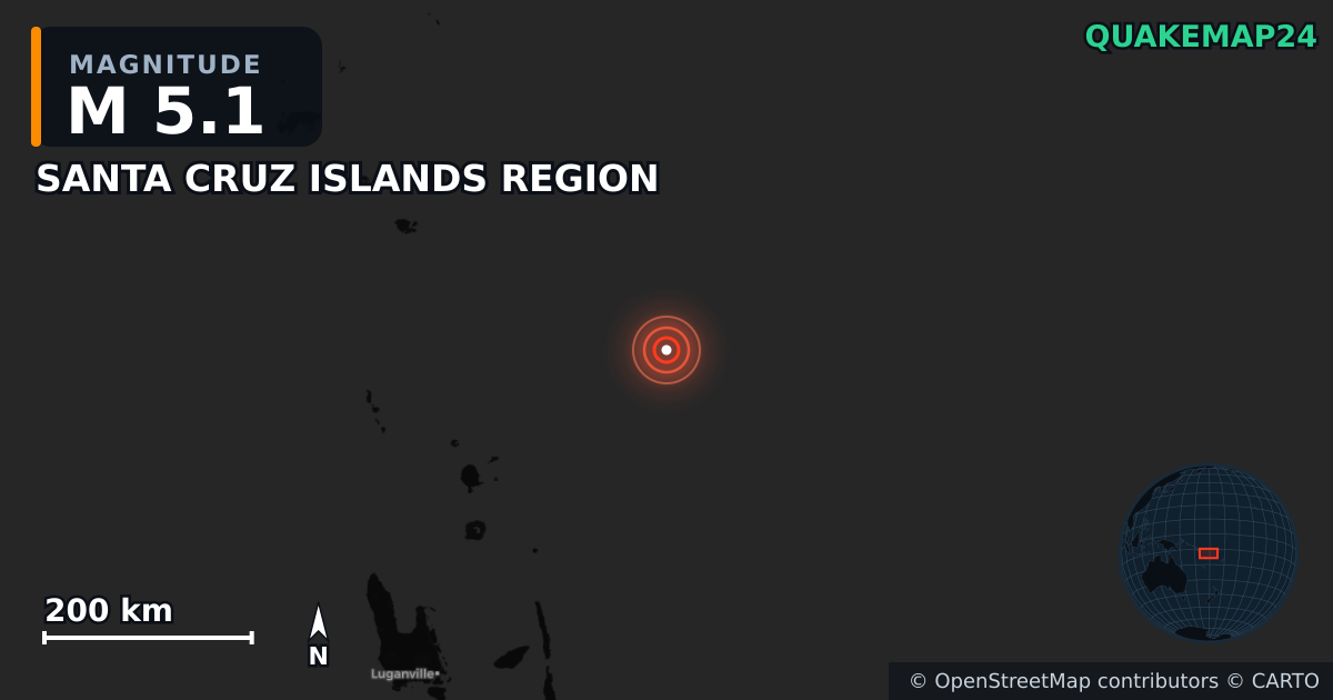 M5.1 earthquake near SANTA CRUZ ISLANDS REGION on Mar 31, 2026 — map of epicenter and shaking intensity | QuakeMap24