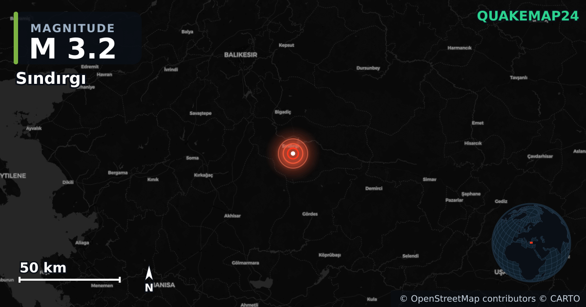 M3.2 earthquake near Sındırgı on Aug 15, 2025 — map of epicenter and shaking intensity | QuakeMap24