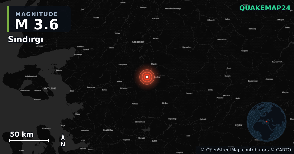 M3.6 earthquake near Sındırgı on Sep 7, 2025 — map of epicenter and shaking intensity | QuakeMap24