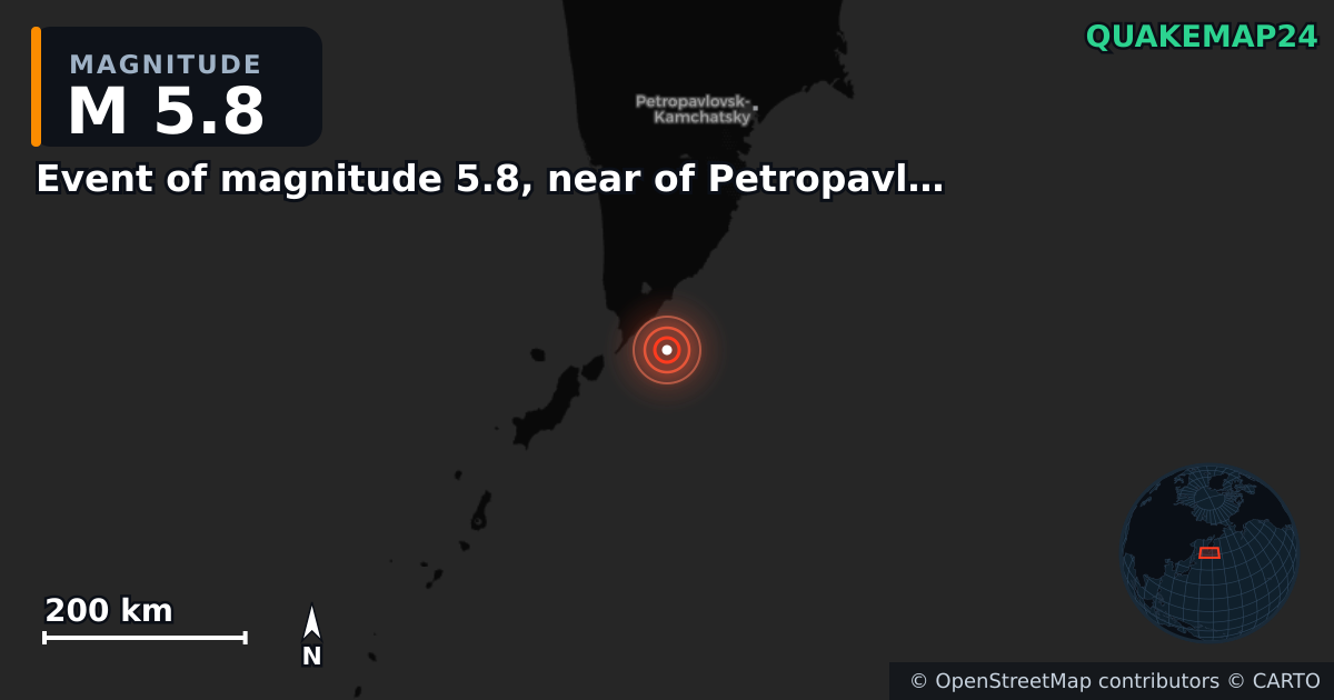 M5.8 earthquake near Event of magnitude 5.8, near of Petropavlovsk Kamchatskiy (Monde) on Aug 27, 2025 — map of epicenter and shaking intensity | QuakeMap24