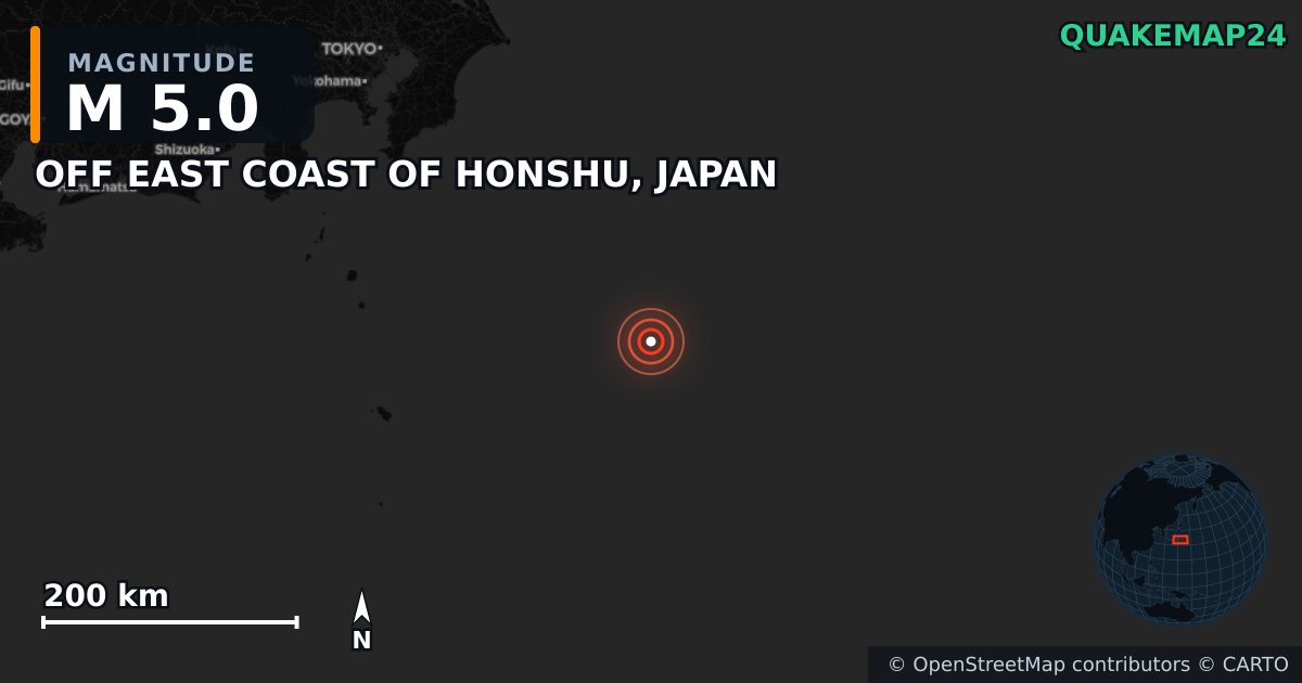 Terremoto de M5,0 cerca de OFF EAST COAST OF HONSHU, JAPAN — Mapa de la ubicación del epicentro
