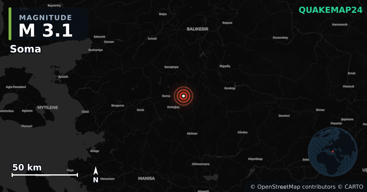 M3.1 earthquake near Soma on Dec 25, 2025 — map of epicenter and shaking intensity | QuakeMap24