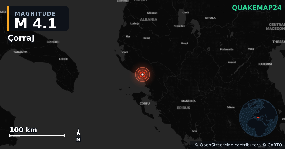 M4.1 earthquake near Çorraj on Jun 8, 2026 — map of epicenter and shaking intensity | QuakeMap24