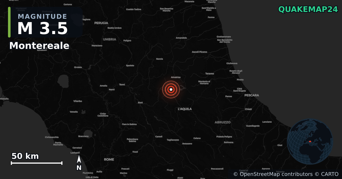 M3.5 earthquake near Montereale on Jun 16, 2026 — map of epicenter and shaking intensity | QuakeMap24