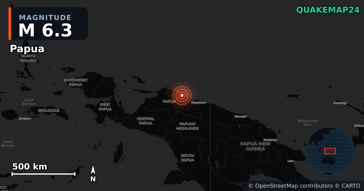 M6.3 earthquake near Papua on Aug 12, 2025 — map of epicenter and shaking intensity | QuakeMap24