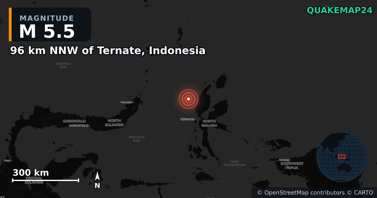 M5.5 earthquake near 96 km NNW of Ternate, Indonesia on Feb 5, 2025 — map of epicenter and shaking intensity | QuakeMap24
