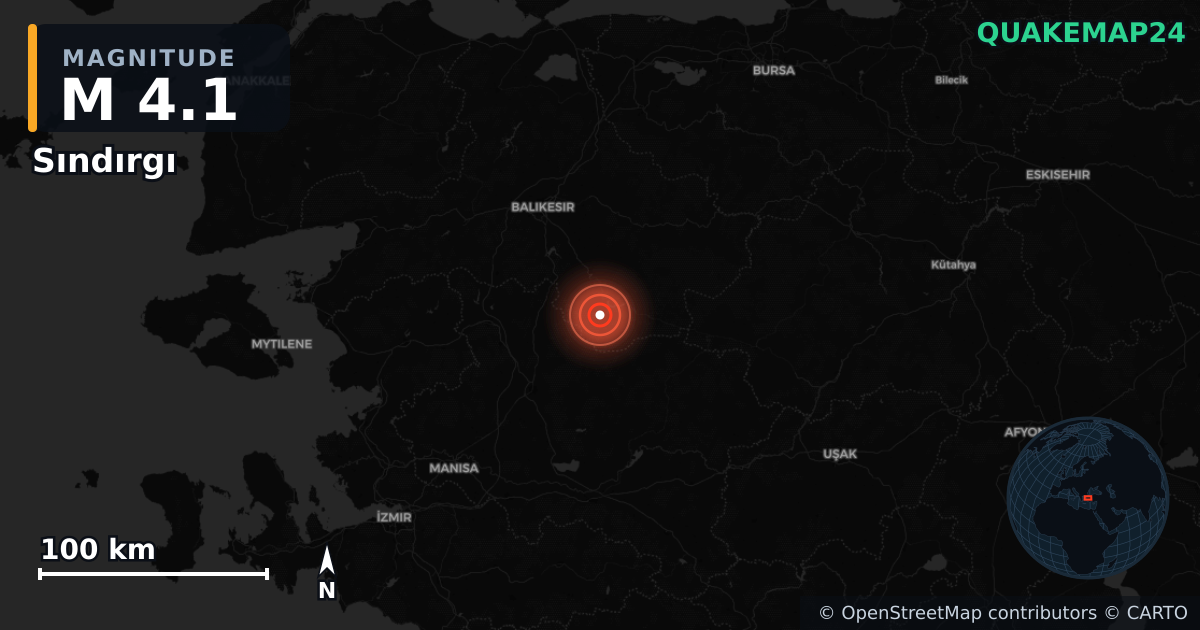M4.1 earthquake near Sındırgı on Nov 11, 2025 — map of epicenter and shaking intensity | QuakeMap24