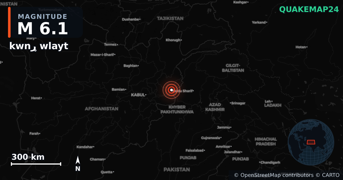 M6.1 earthquake near kwnړ wlayt on Aug 31, 2025 — map of epicenter and shaking intensity | QuakeMap24
